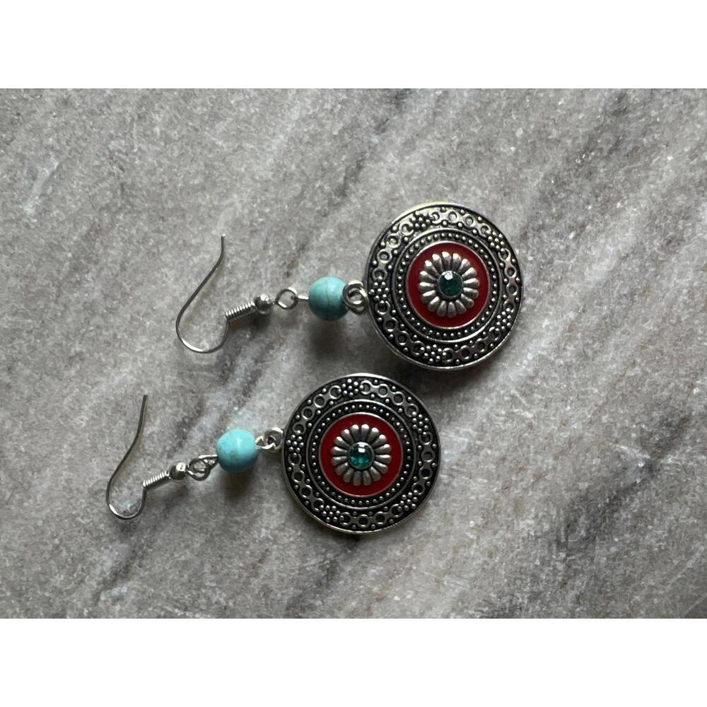 Bohemian Style Silver Tone and Turquoise Beaded Earrings